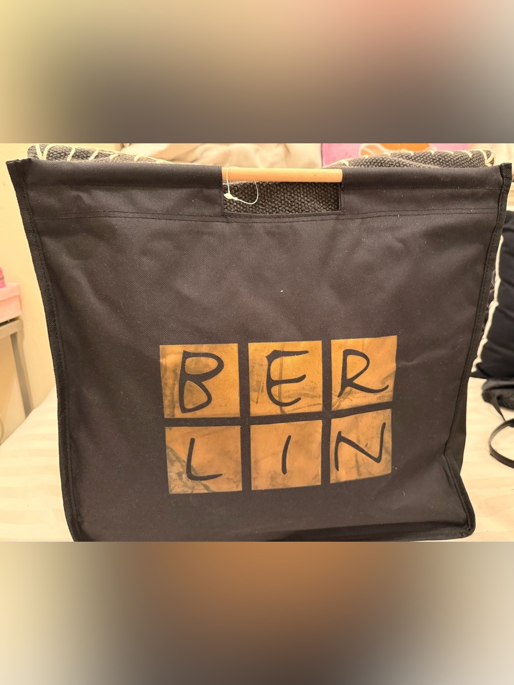 BERLIN Black Canvas Tote Bag with Tan Graphic